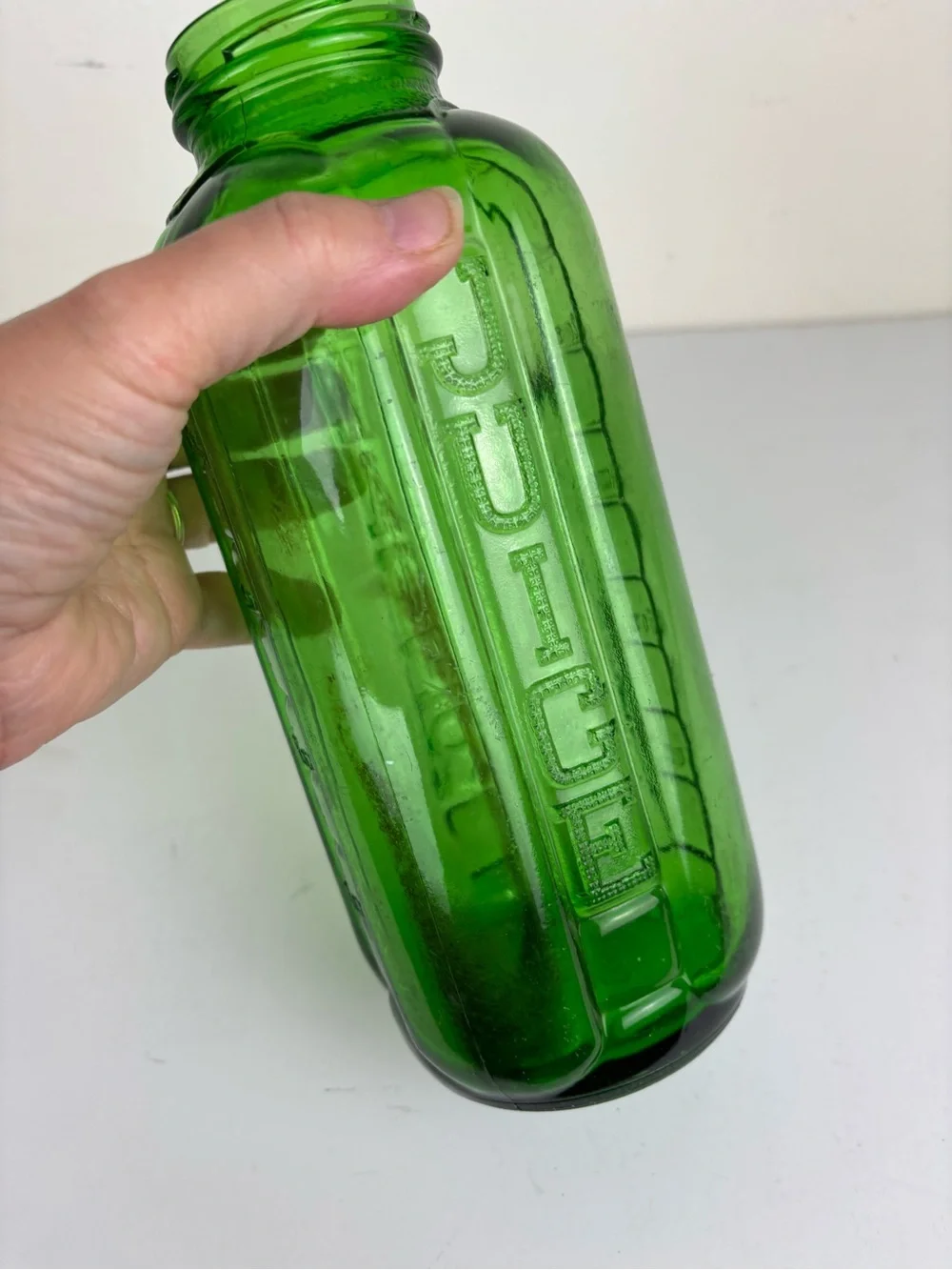 Vintage Glass Juice/Water Bottle in Emerald Green-9”